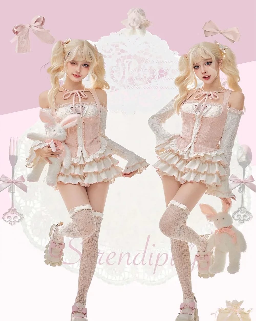 Ruffled pink dress set, Dollette Aesthetic, featuring a corset and skirt, socks, and accessories.