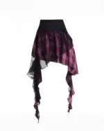 Irregular patchwork Grunge Plaid Skirt with lace detailing and a layered, distressed aesthetic.