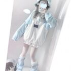 Long Sleeve Hoodie - Kawaii Gamer Hoodie, a light blue hooded sweatshirt with a cute, pastel aesthetic outfit.