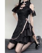 Cheongsam-Style Cute Dress - Qi Lolita product photo Black variation Black Cheongsam-Style Cute Dress - Qi Lolita with ruffled layers, off-the-shoulder sleeves, and a bow closure.