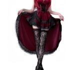 Red Dark Nun Dress with lace gloves and skirt, gothic aesthetic costume.