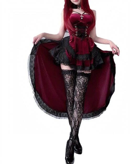 Red Dark Nun Dress with lace gloves and skirt, gothic aesthetic costume.