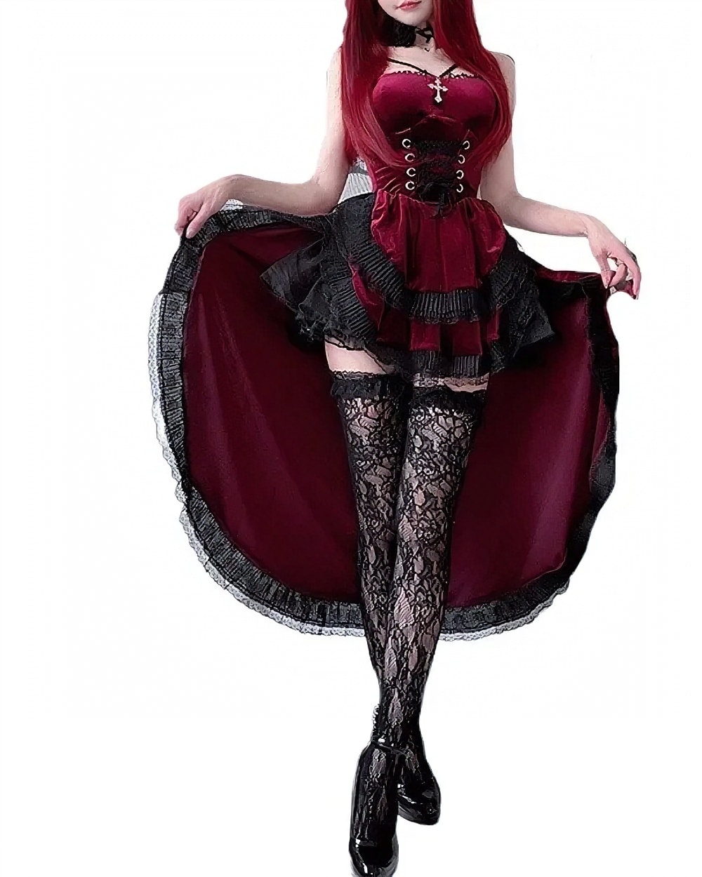 Red Dark Nun Dress with lace gloves and skirt, gothic aesthetic costume.