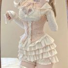 Ruffled Pink Dress Set - Dollette Aesthetic, featuring a corset and layered skirt with lace details.