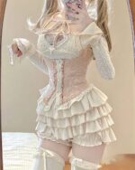 Ruffled Pink Dress Set - Dollette Aesthetic, featuring a corset and layered skirt with lace details.