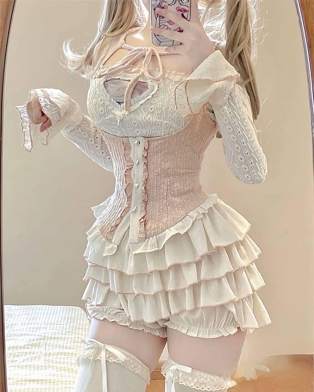 Ruffled Pink Dress Set - Dollette Aesthetic, featuring a corset and layered skirt with lace details.