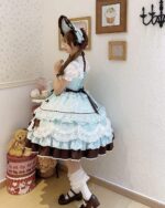 A light blue Frilly Ribbon Dress - Hime Lolita Dress, featuring layered ruffles and a brown underskirt.