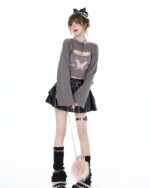Butterfly Top Two Piece Set - Grunge Aesthetic, featuring a gray crop top and black skirt.