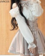 Jirai Kei Set: Off shoulder blouse and ruffled skirt featuring lace details and a corset.
