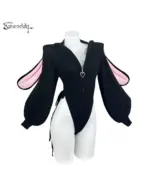 KORURACLUB Knitted Bunny Girl Jumpsuit, black, long-sleeved, with bunny ears and zipper detail.