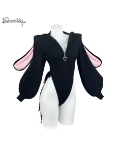 KORURACLUB Knitted Bunny Girl Jumpsuit, black, long-sleeved, with bunny ears and zipper detail.