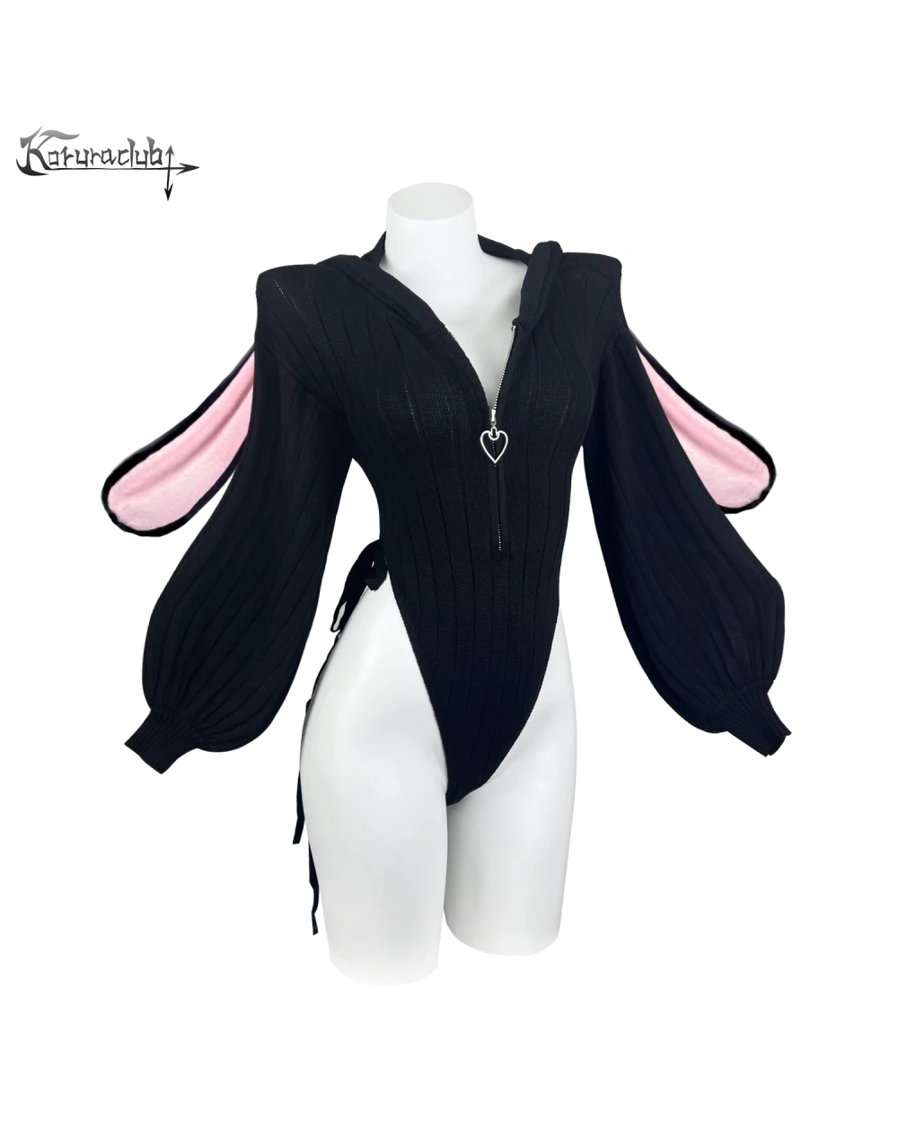 KORURACLUB Knitted Bunny Girl Jumpsuit product photo 1 KORURACLUB Knitted Bunny Girl Jumpsuit, black, long-sleeved, with bunny ears and zipper detail.