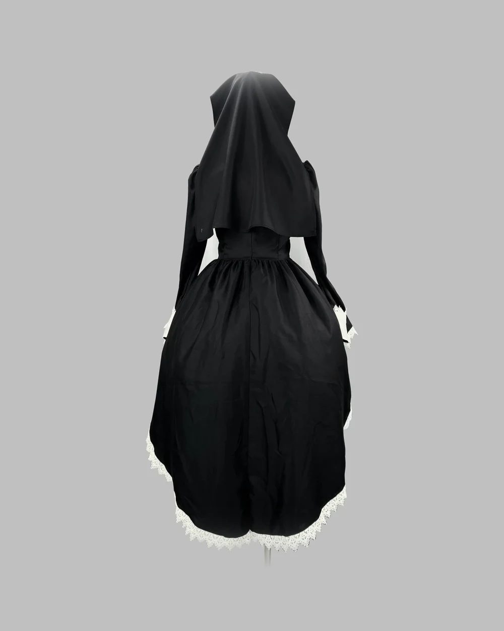 Black Gothic Nun Dress with long sleeves, hood, and lace trim. A Gothic Nun Dress.