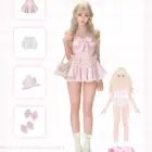 Serendipity Cake Set featuring a pink Coquette Aesthetic Dress, bloomers, hat, bows, and handbag.