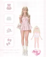 Serendipity Cake Set featuring a pink Coquette Aesthetic Dress, bloomers, hat, bows, and handbag.
