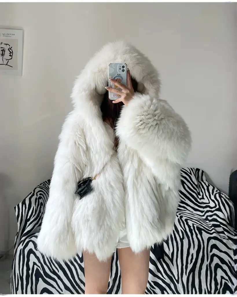 White Thick Fluffy Faux Fur Coat with a hood and attached pockets.
