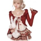 Red and white Coquette Aesthetic Dress Set with plaid skirt and lace details.
