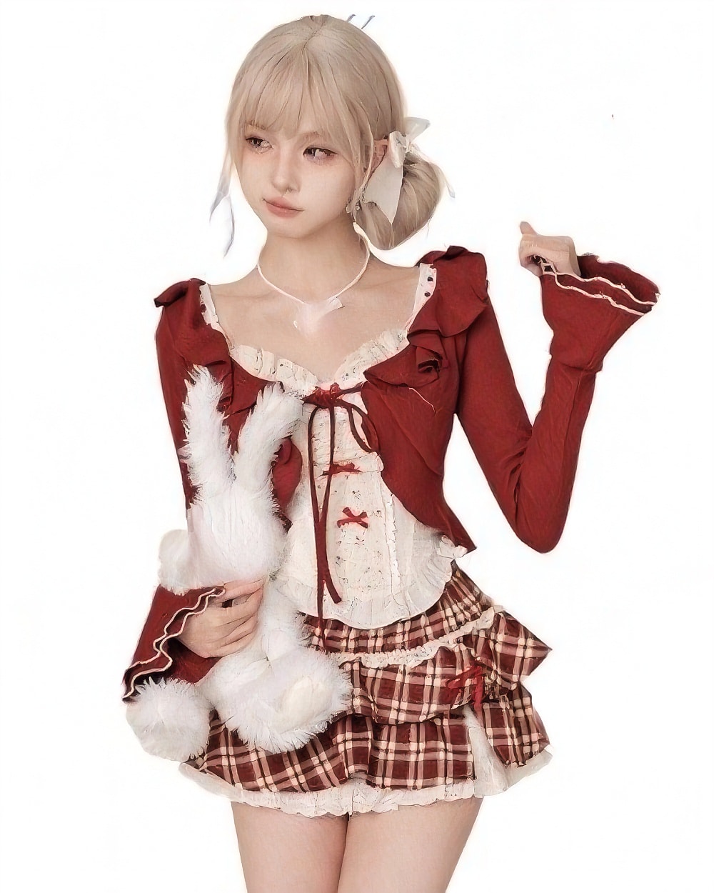 Red and white Coquette Aesthetic Dress Set with plaid skirt and lace details.