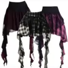 Irregular Grunge Plaid Skirt featuring patchwork and layered ruffles in black, purple, and plaid.