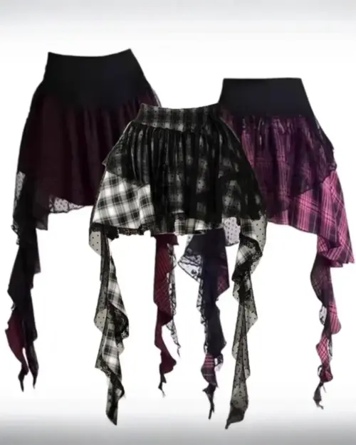 Irregular Grunge Plaid Skirt featuring patchwork and layered ruffles in black, purple, and plaid.