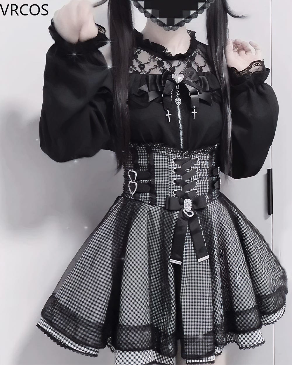 Black Jirai Kei Clothing Set: A black top and skirt outfit with lace, ruffles, and a corset belt.
