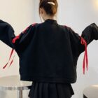 Black Kitsune Bowed Sweatshirt with red ribbon accents, animecore style.