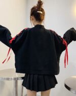 Black Kitsune Bowed Sweatshirt with red ribbon accents, animecore style.