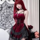 Model wearing a wine-red Dark Nun Dress with lace details and corset, gothic aesthetic.