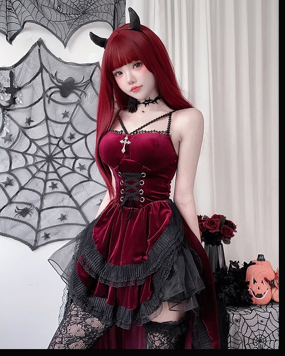 Model wearing a wine-red Dark Nun Dress with lace details and corset, gothic aesthetic.