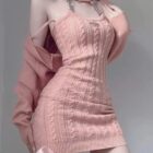 Pink Knitted Mini Dress Set, Korean Aesthetic - Cozy cable knit sweater and dress combo.