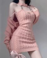 Pink Knitted Mini Dress Set, Korean Aesthetic - Cozy cable knit sweater and dress combo.