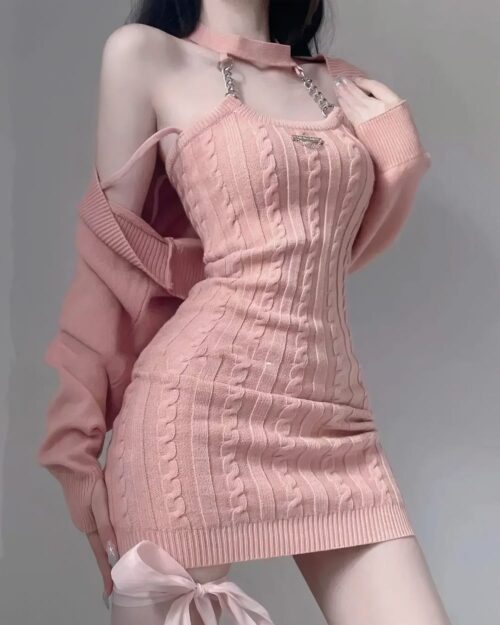 Pink Knitted Mini Dress Set, Korean Aesthetic - Cozy cable knit sweater and dress combo.