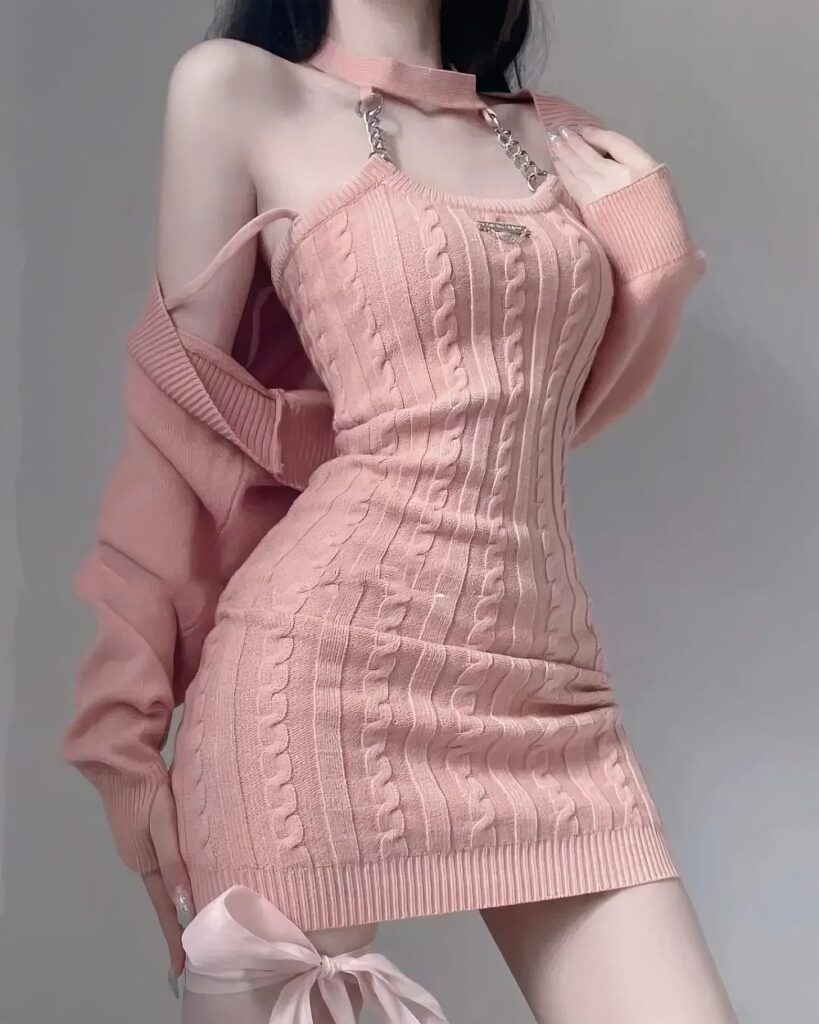 Pink Knitted Mini Dress Set, Korean Aesthetic - Cozy cable knit sweater and dress combo.