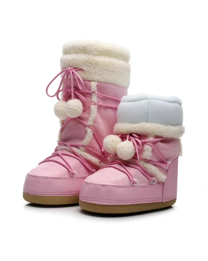 Pink Fluffy Boots, kidcore style, with pom-poms and sherpa lining.