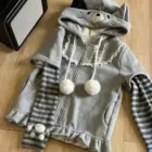 Gray Striped Sleeves Neko Hoodie - Harajuku aesthetic with cat ears and pom-poms.