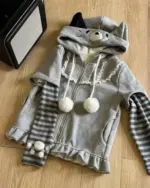 Gray Striped Sleeves Neko Hoodie - Harajuku aesthetic with cat ears and pom-poms.