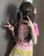 Mezzo Piano Strawberry T-Shirt featuring pink and white strawberry design with bunnies.