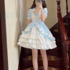 A light blue Hime Lolita Dress Collection with ruffles and lace details, worn by a person.