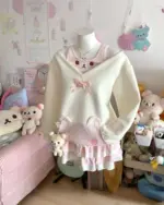 White Kawaii Bear Sweatshirt displayed on a mannequin with a pink set.