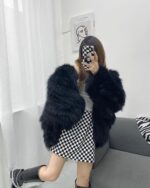 Black Thick Fluffy Faux Fur Coat worn by a person.