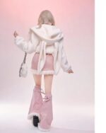 Model wearing The Fluffy Bunny Set - Coquette Aesthetic, featuring a hooded jacket and high-waisted skirt.
