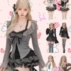 Multiple Coquette Aesthetic Dress sets featuring ruffled tops, skirts, and accessories.