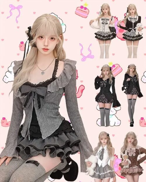 Multiple Coquette Aesthetic Dress sets featuring ruffled tops, skirts, and accessories.