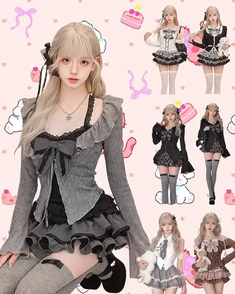 Multiple Coquette Aesthetic Dress sets featuring ruffled tops, skirts, and accessories.