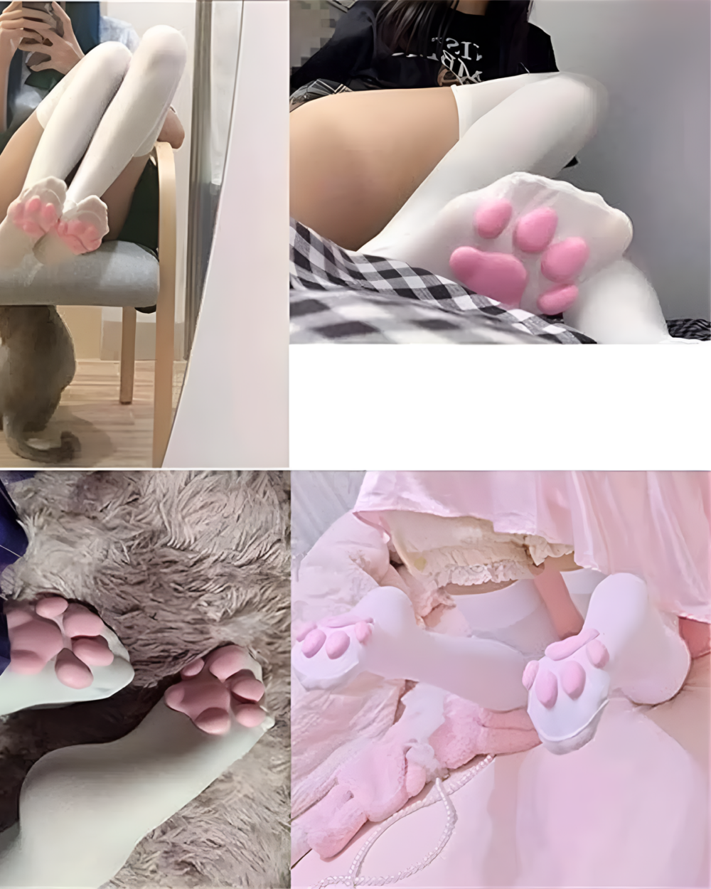 Collage of a person wearing cute 3D cat paw socks, showing the paw design and soft fabric. Includes close-ups of the paws.