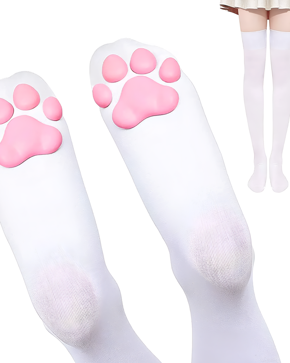White over-the-knee socks featuring pink 3D cat paw socks design, displayed on a light background.