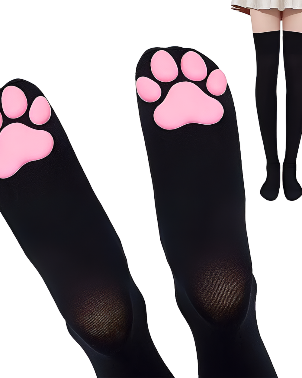 Close-up of black 3D cat paw socks with pink paw pads, displayed on a model's legs.