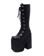 Black Abyss Lace-Up Stompers, a pair of goth platform boots with a tall block heel and lace-up design.