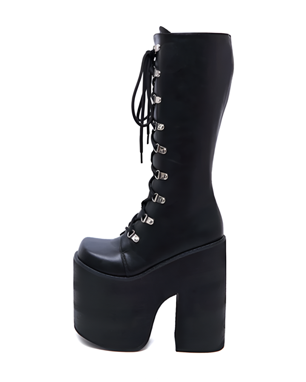 Black lace-up goth platform boots with a thick sole and high heel. Abyss Lace-Up Stompers.