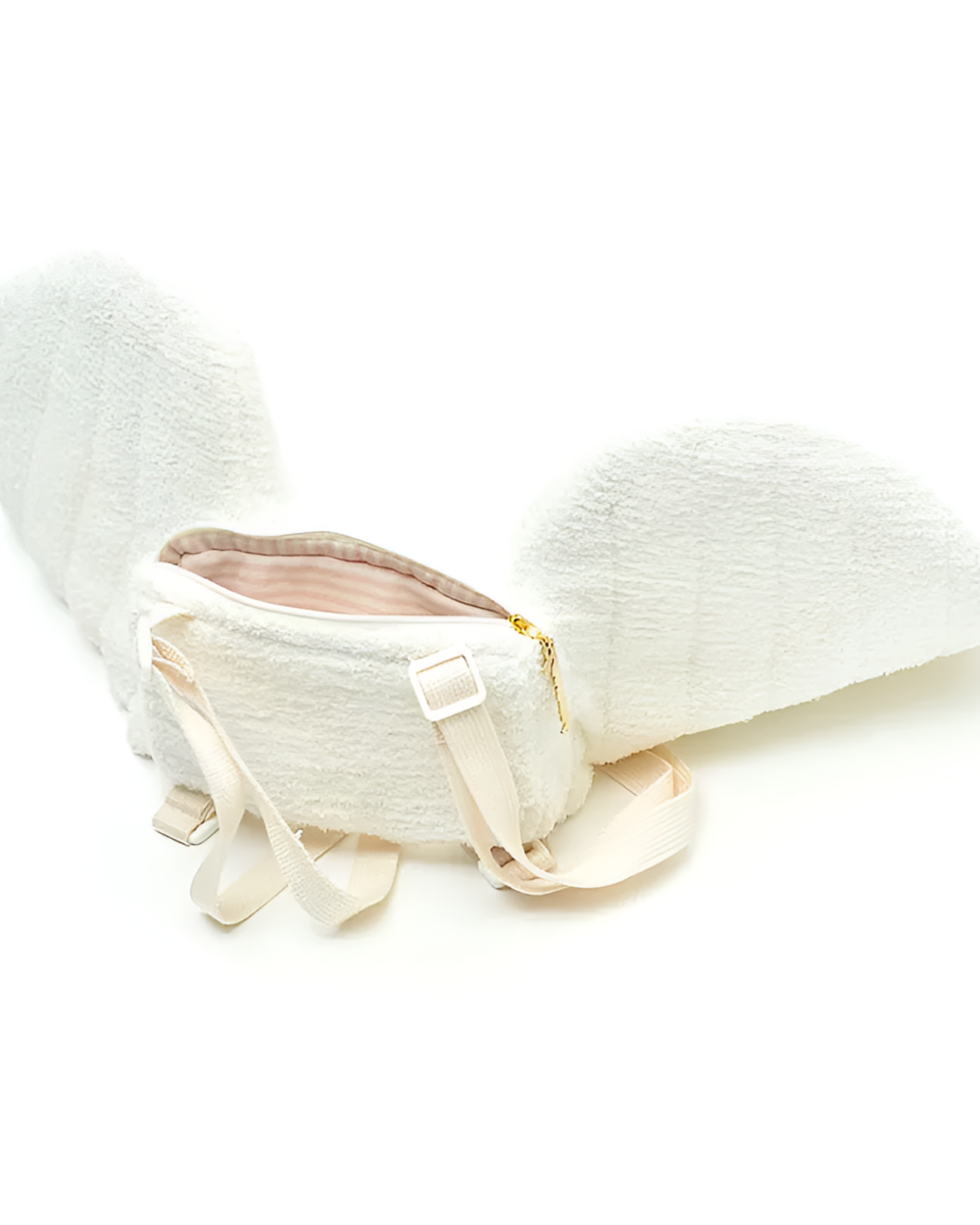 White angel wing backpack featuring plush material and zipper closure.